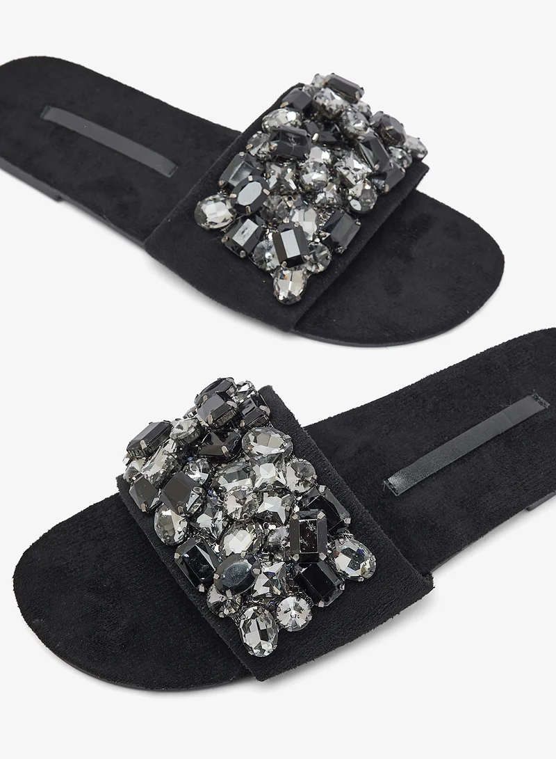 Khizana Black Diamonte Jewel Encrusted Flat Sandals for Women | Best Price UAE